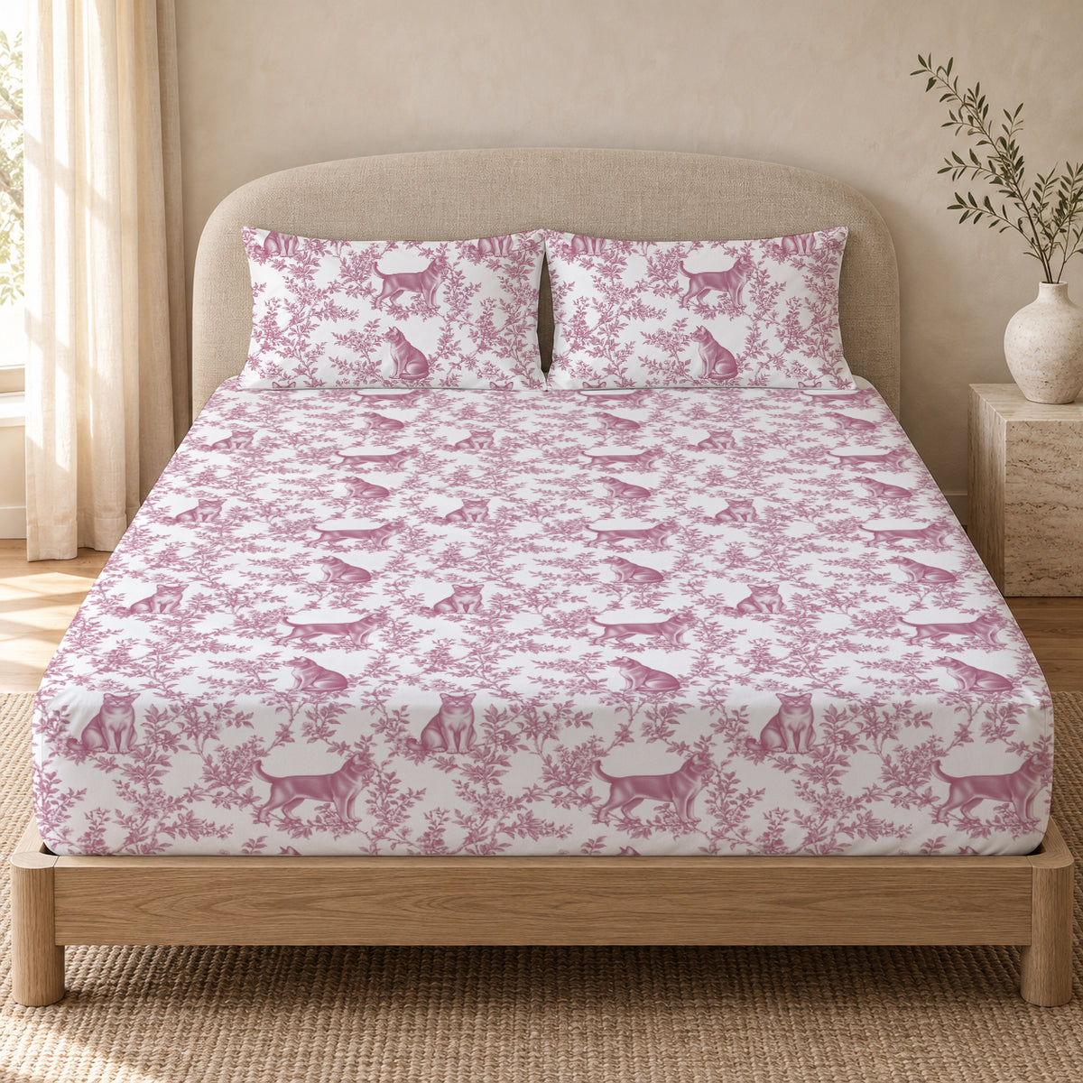 European Burmese toile bedding in Pink — Queen Bedroom