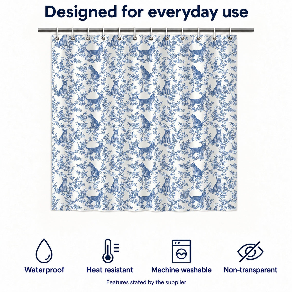 European Burmese toile shower curtain — Blue Functions and Size