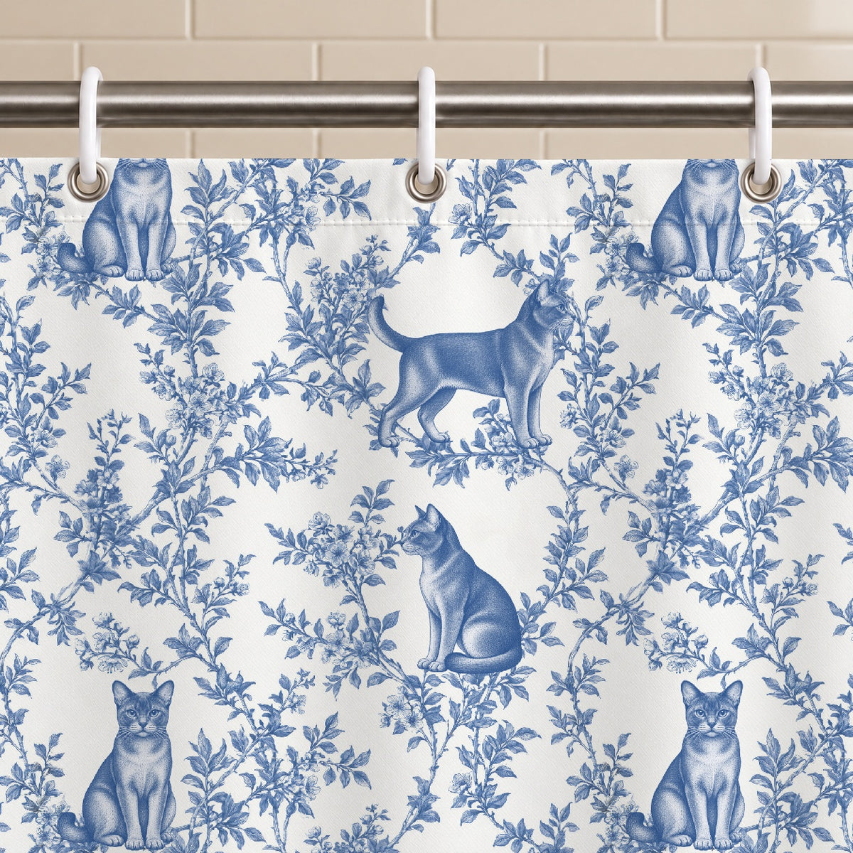 European Burmese toile shower curtain — Blue Grommets and Hooks