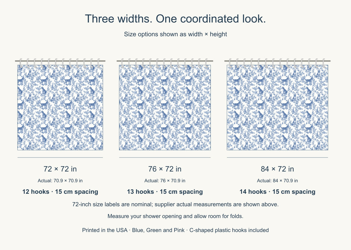 European Burmese toile shower curtain — Blue US Size Comparison