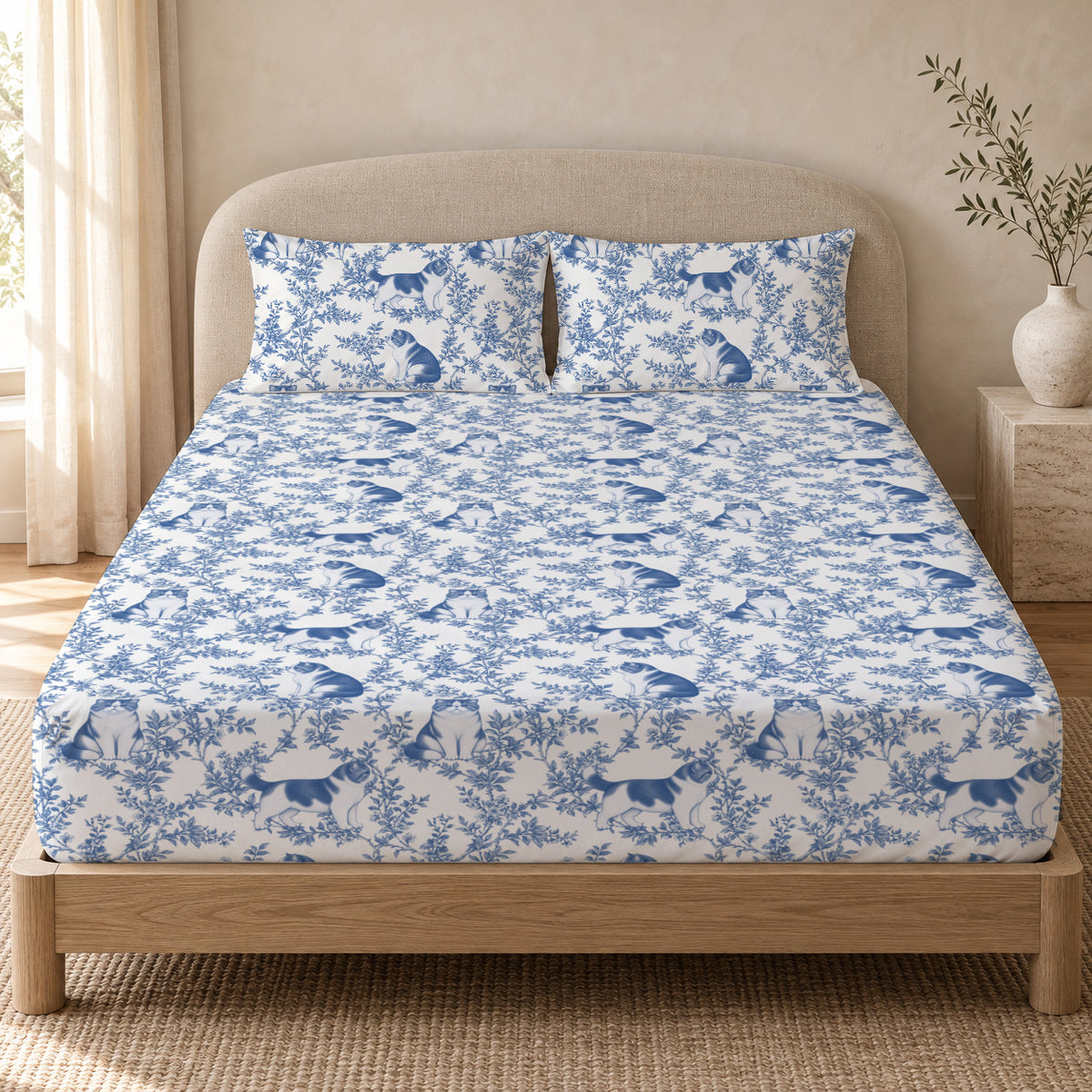 Exotic Shorthair toile bedding in Blue — Queen Bedroom
