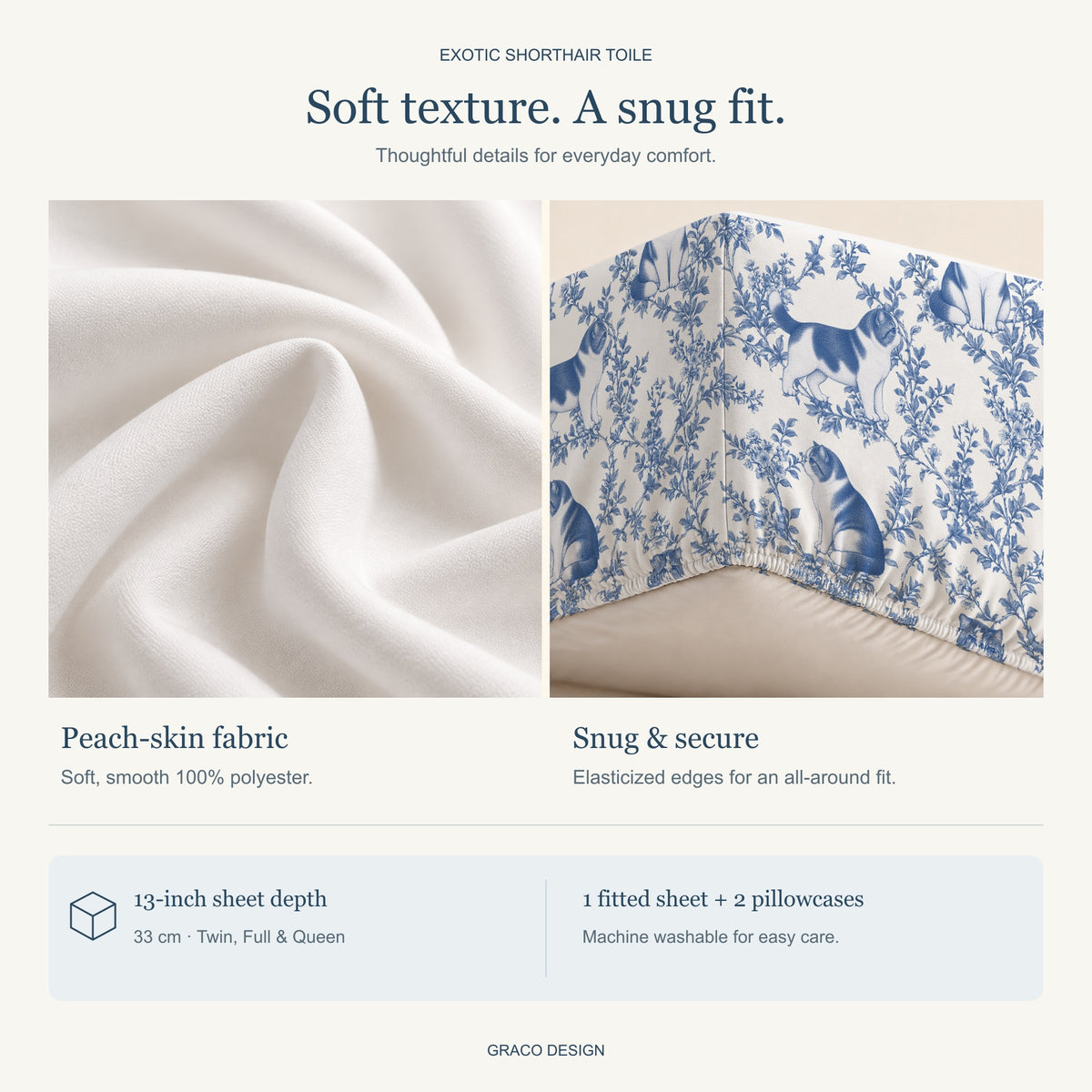 Exotic Shorthair toile bedding — peach-skin fabric and gathered elastic hem detail