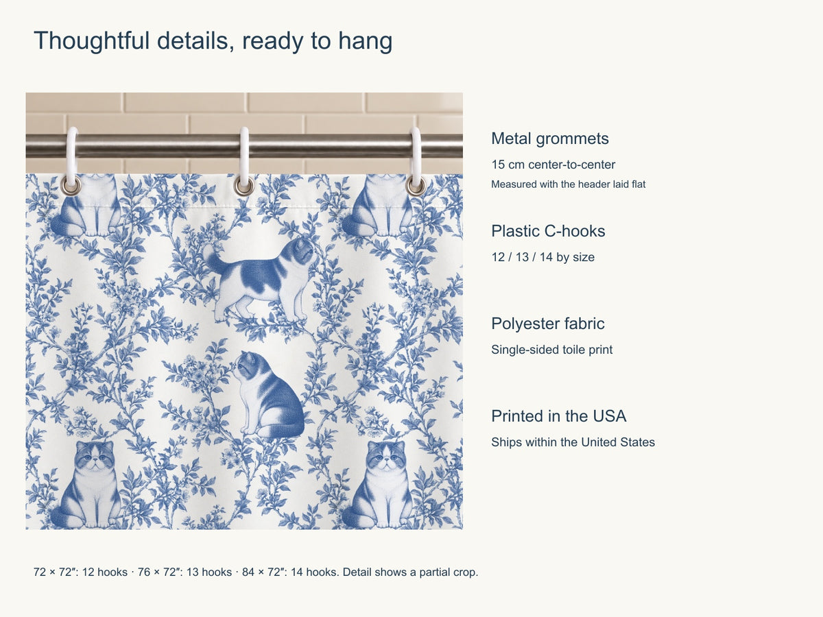 Exotic Shorthair toile shower curtain — Blue Product Features