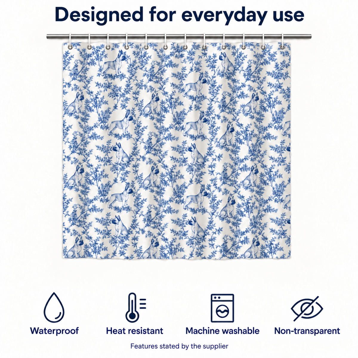 French Bulldog toile shower curtain — Blue Functions and Size