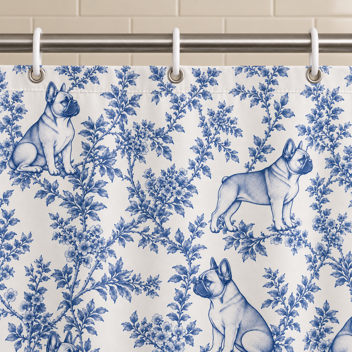 French Bulldog toile shower curtain — Blue Grommets and Hooks