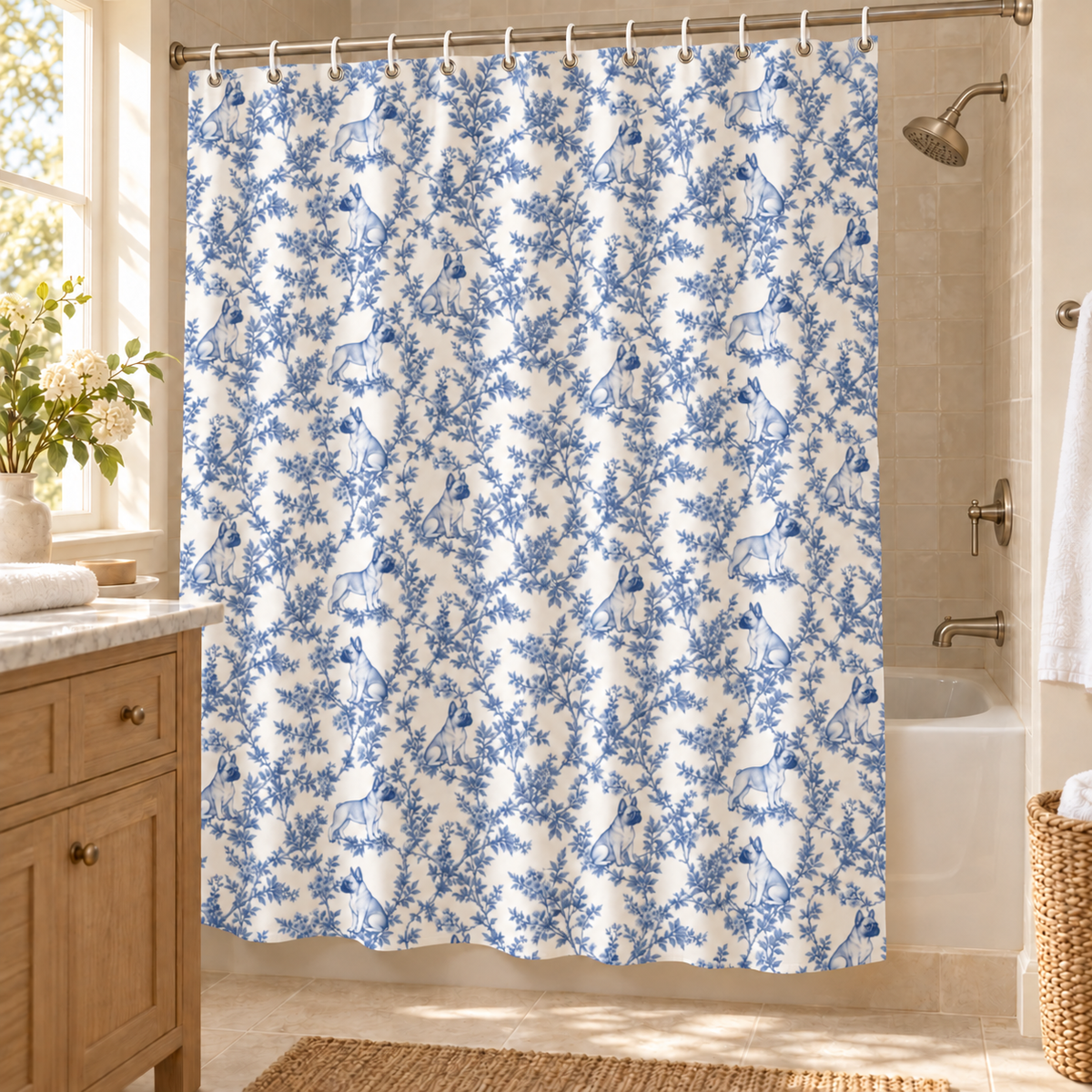 French Bulldog toile shower curtain — Blue Lifestyle