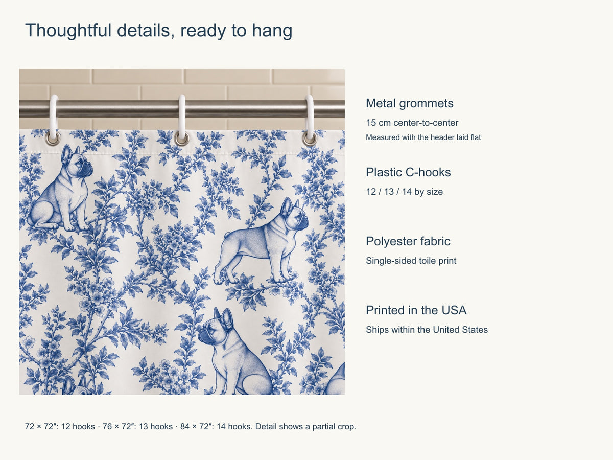 French Bulldog toile shower curtain — Blue Product Features