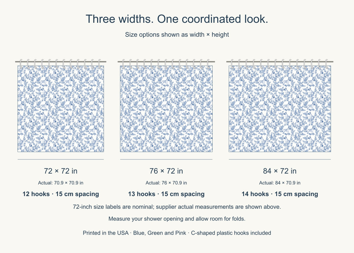 French Bulldog toile shower curtain — Blue US Size Comparison