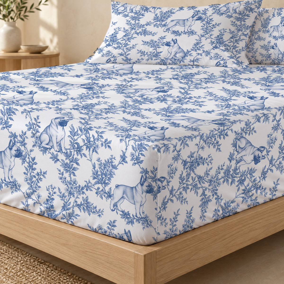 French Bulldog toile bedding in Blue — Fitted Corner