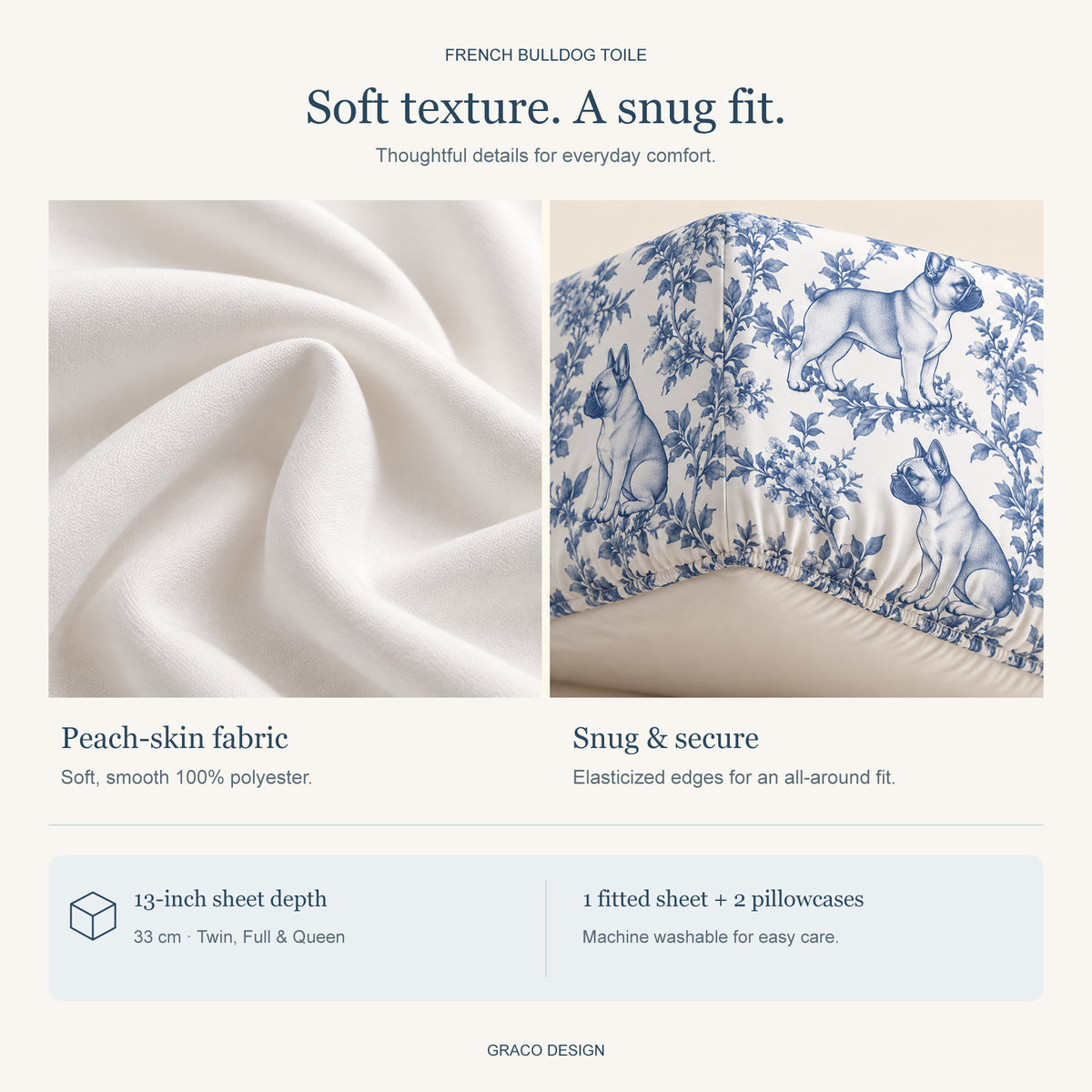 French Bulldog toile bedding in Blue — Fabric and Fit