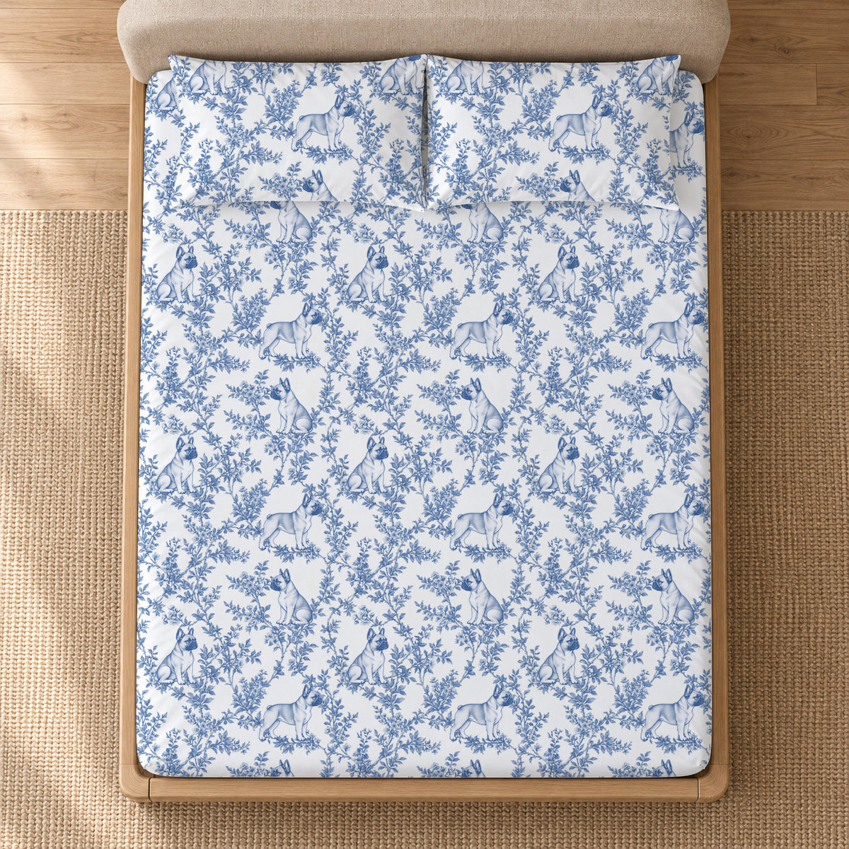 French Bulldog toile bedding in Blue — Overhead