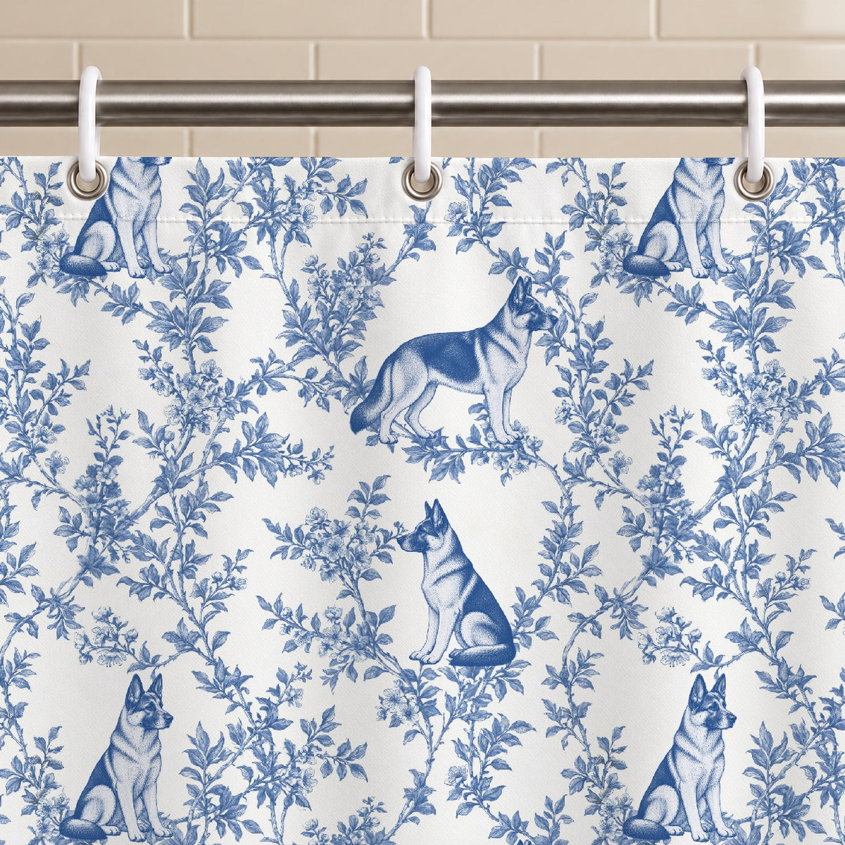German Shepherd Dog toile shower curtain — Blue Grommets and Hooks