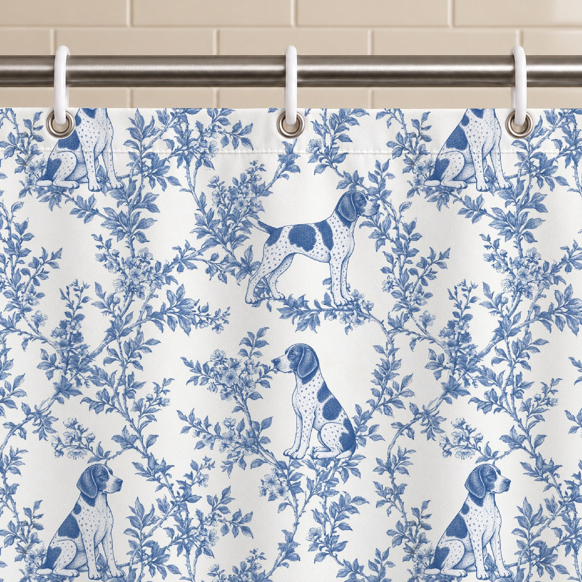 German Shorthaired Pointer toile shower curtain — Blue Grommets and Hooks