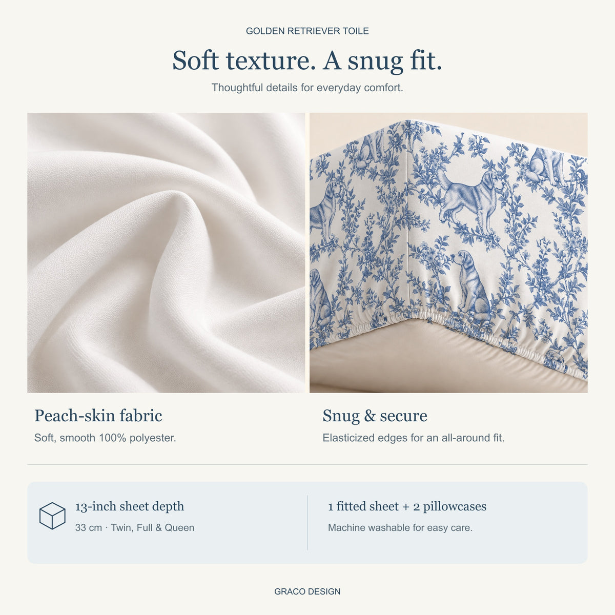 Golden Retriever toile bedding — peach-skin fabric and gathered elastic hem detail