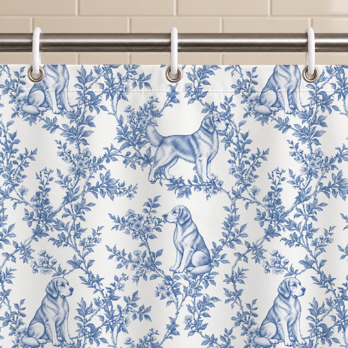 Golden Retriever toile shower curtain — Blue Grommets and Hooks