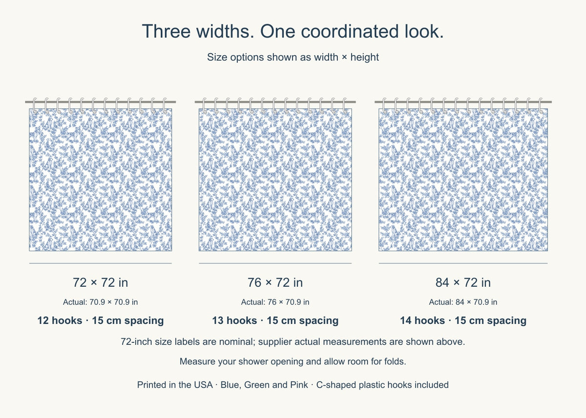Golden Retriever toile shower curtain — Blue US Size Comparison