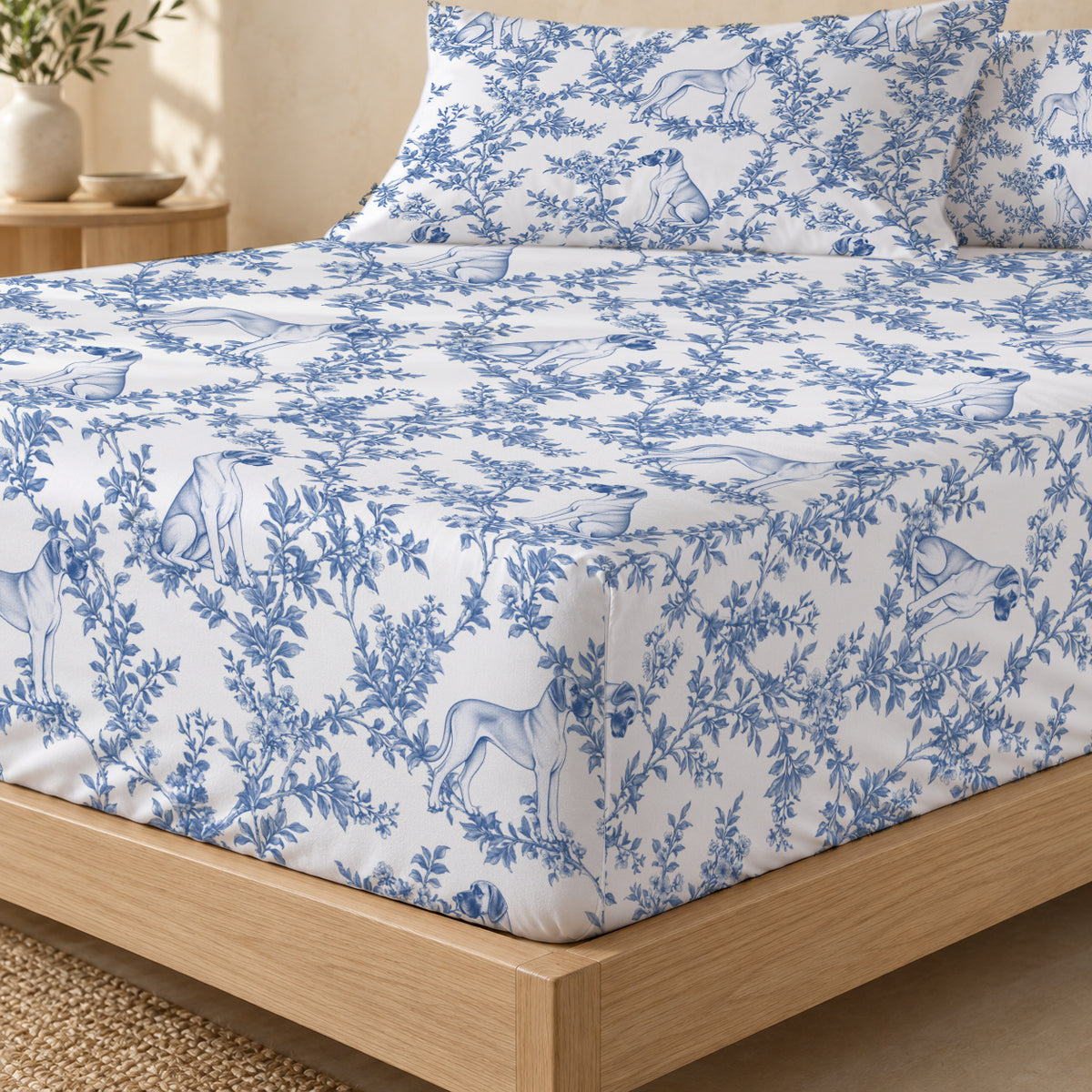 Great Dane toile bedding in Blue — Fitted Corner