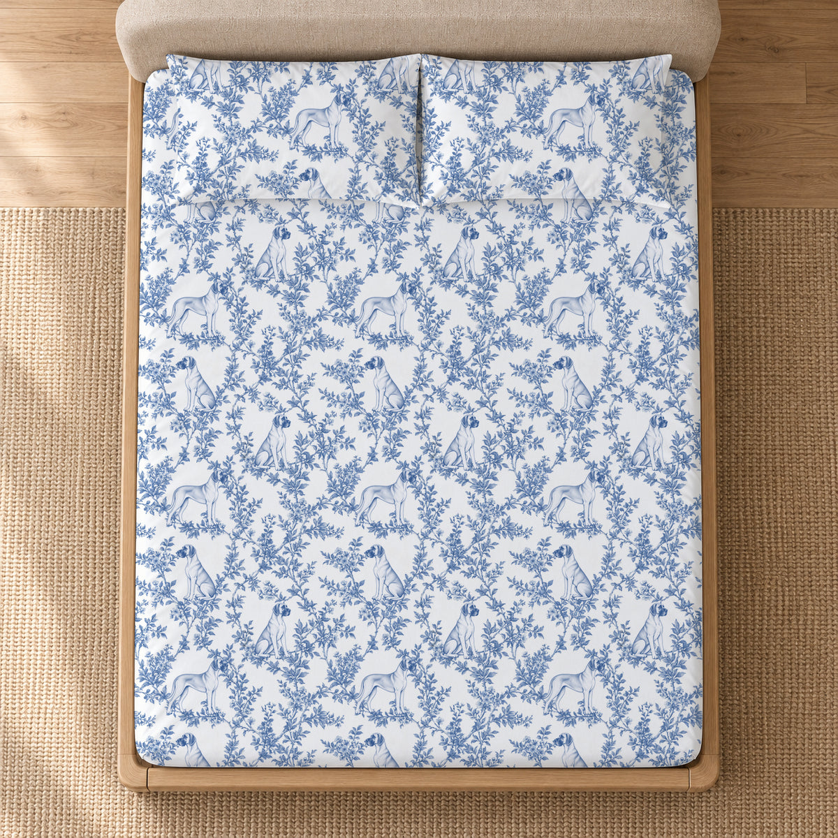 Great Dane toile bedding in Blue — Overhead