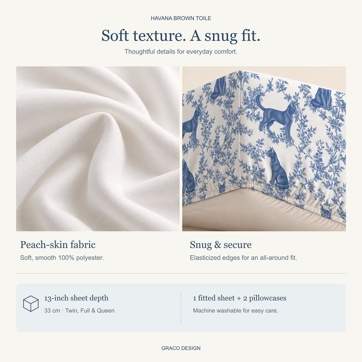 Havana Brown toile bedding in Blue — Fabric and Fit