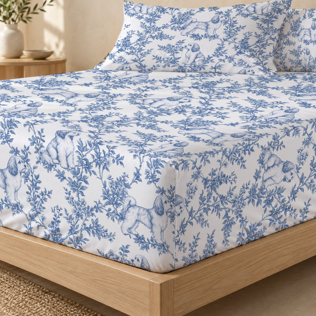 Havanese toile bedding in Blue — Fitted Corner