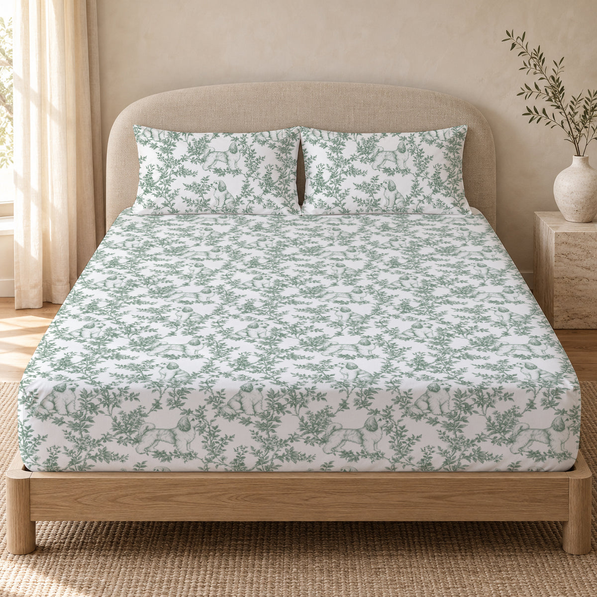 Havanese toile bedding in Green — Queen Bedroom