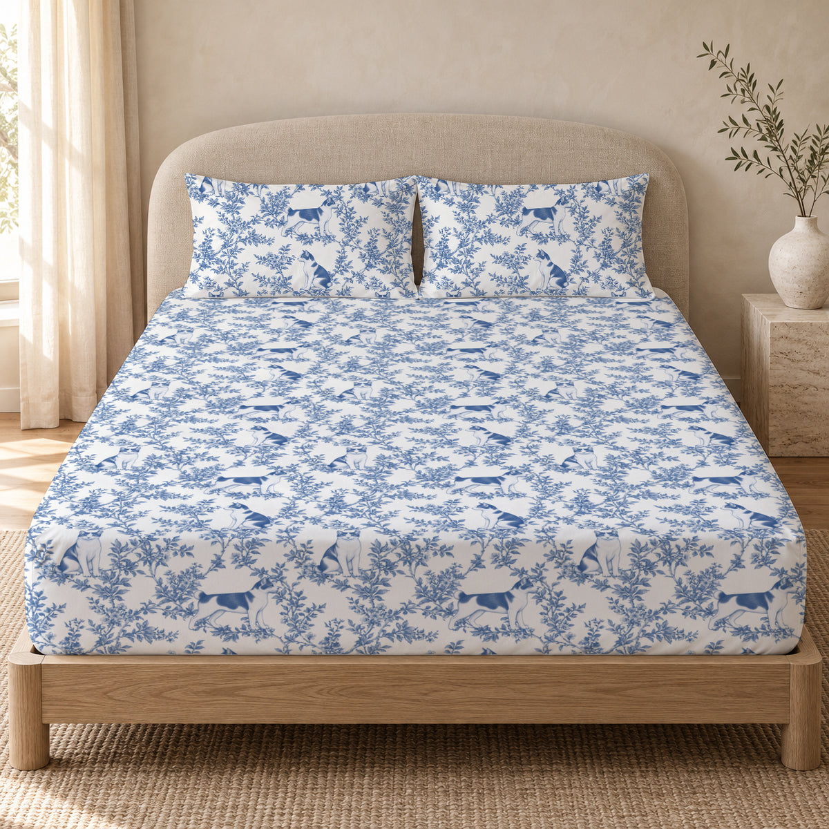 Japanese Bobtail toile bedding in Blue — Queen Bedroom