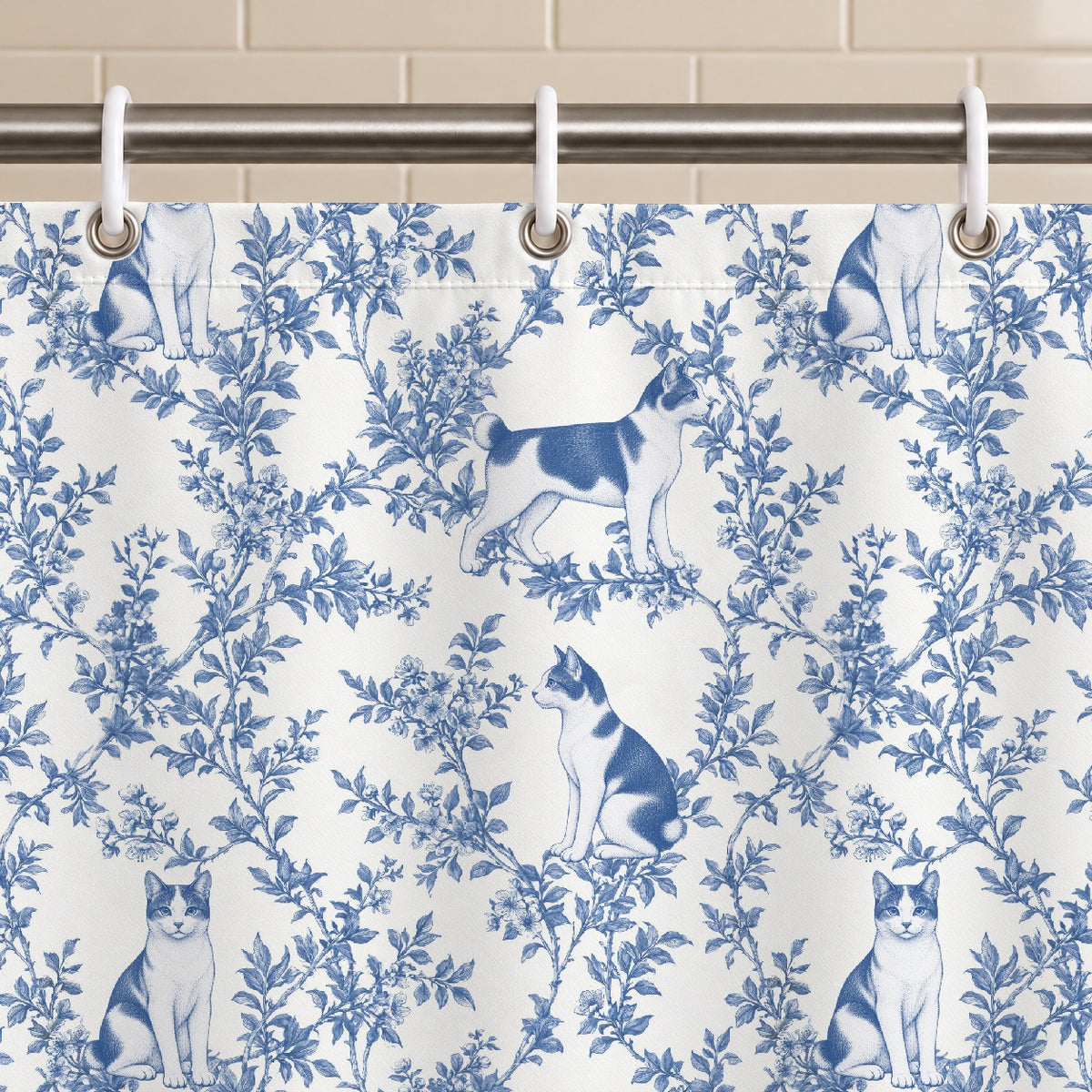 Japanese Bobtail toile shower curtain — Blue Grommets and Hooks