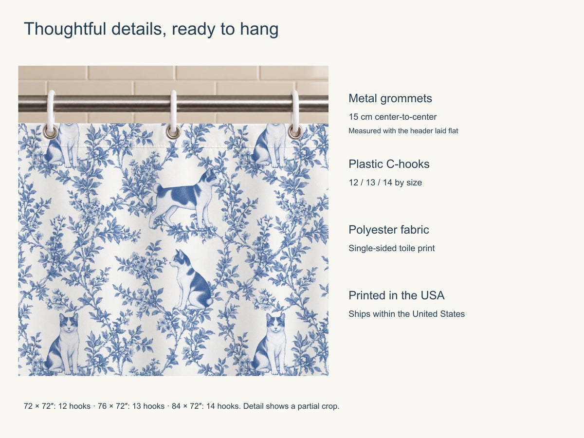 Japanese Bobtail toile shower curtain — Blue Product Features