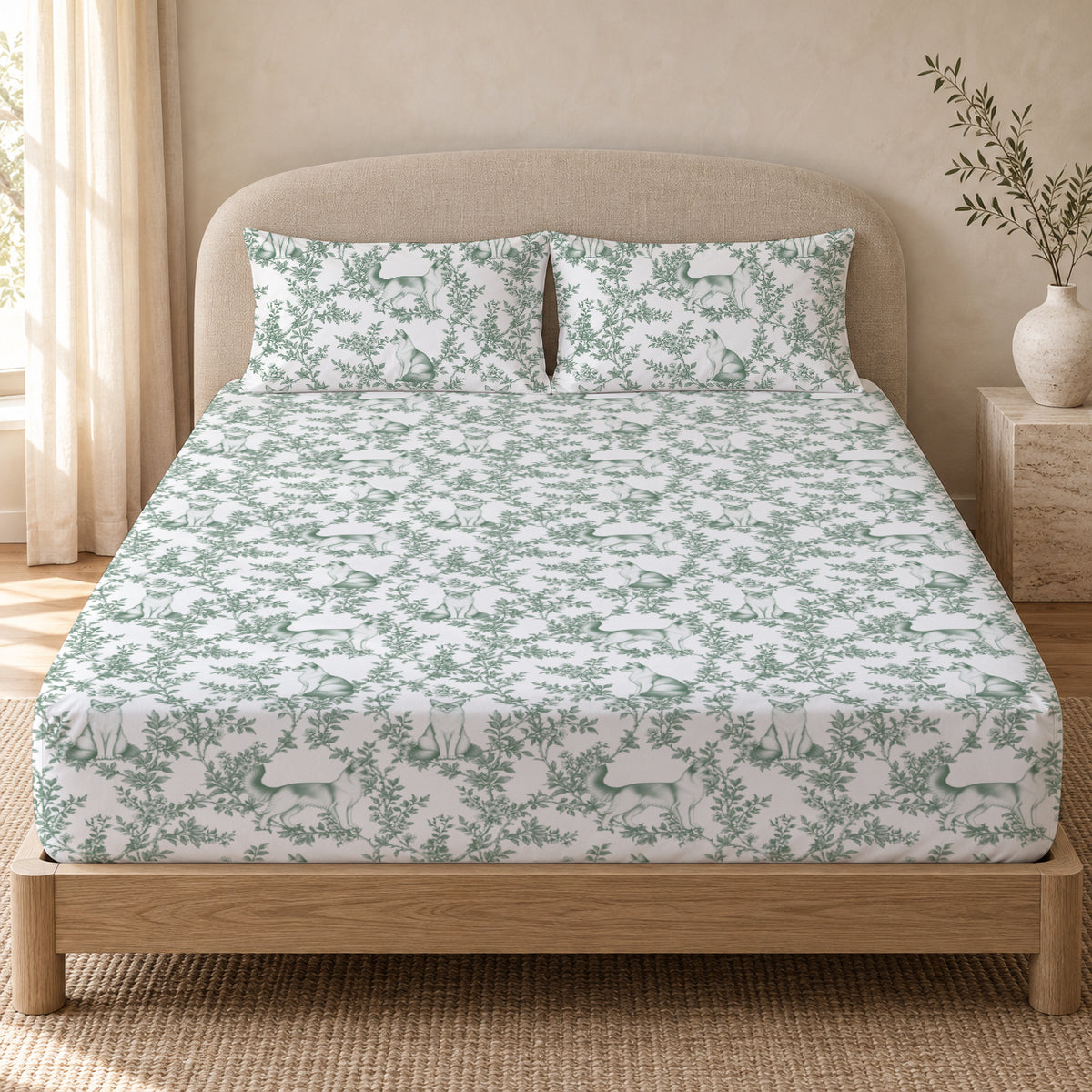 Javanese toile bedding in Green — Queen Bedroom