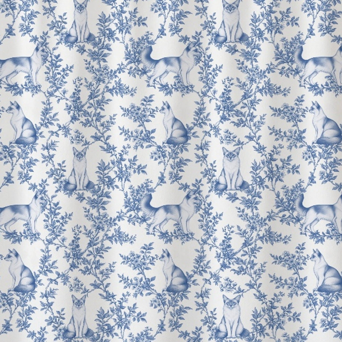 Javanese toile shower curtain — Blue Detail