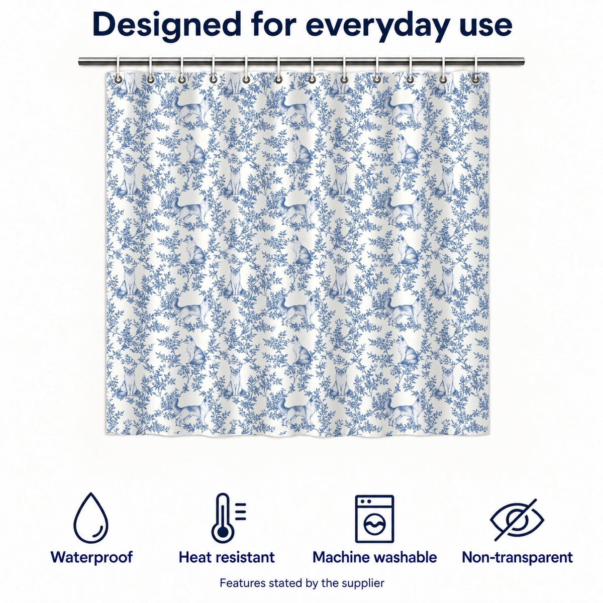 Javanese toile shower curtain — Blue Functions and Size