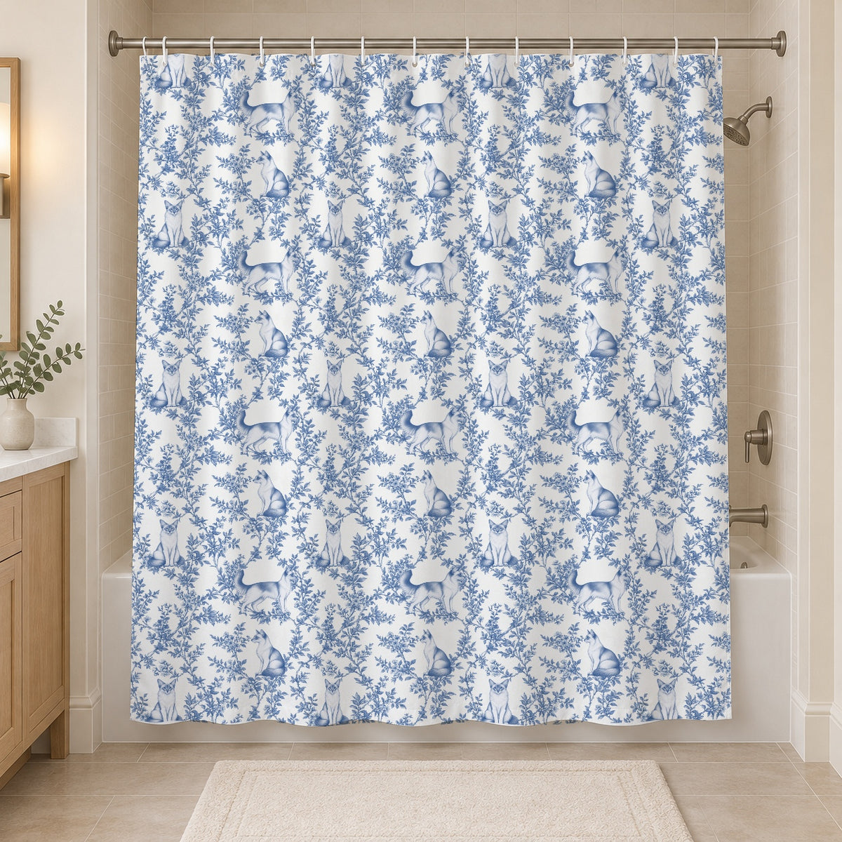 Javanese toile shower curtain — Blue Hero