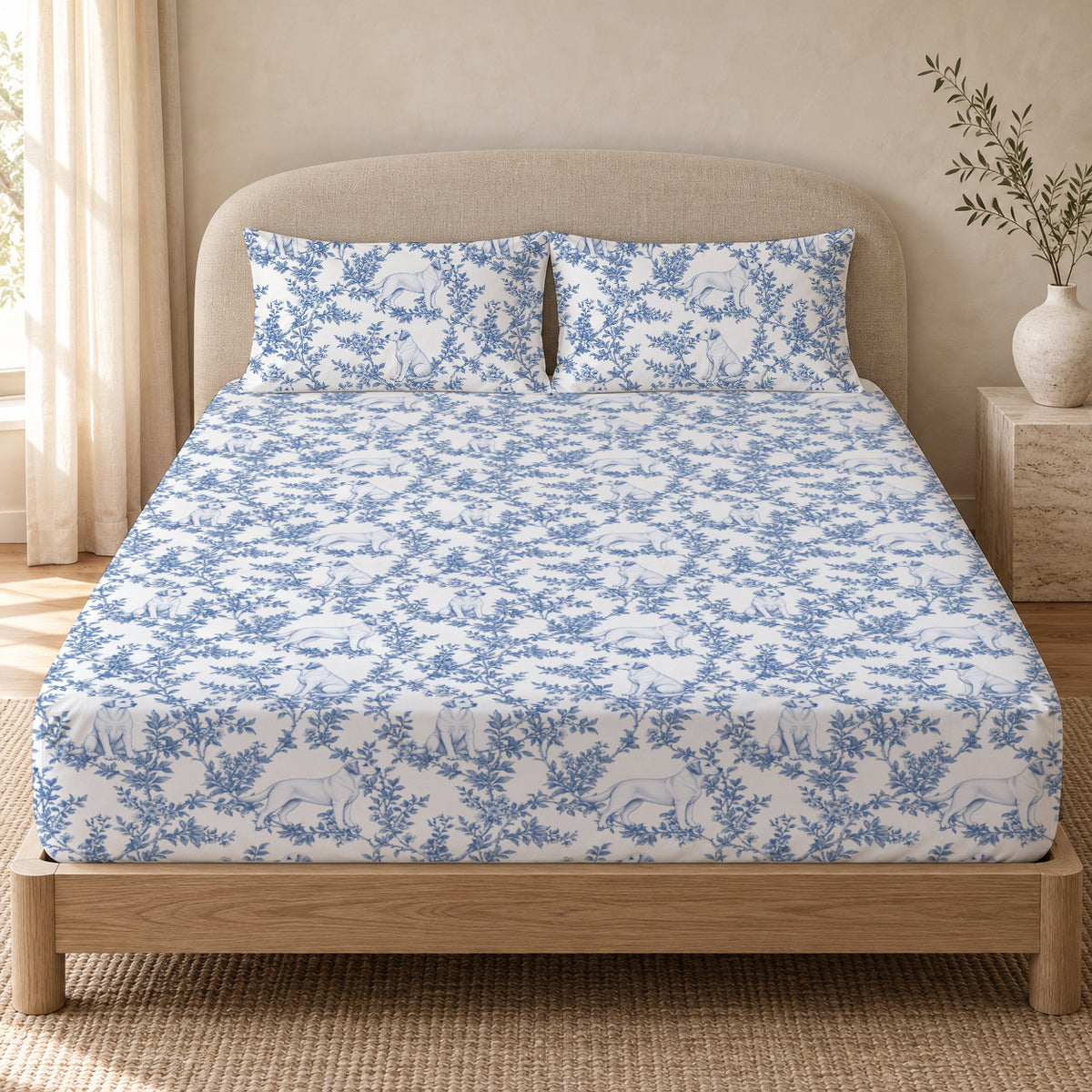 Labrador Retriever toile bedding in Blue — Queen Bedroom