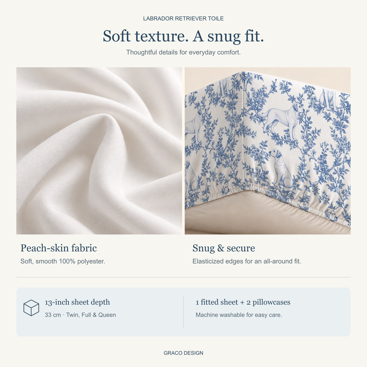 Labrador Retriever toile bedding — peach-skin fabric and gathered elastic hem detail