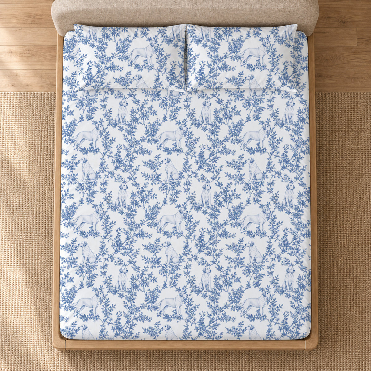 Labrador Retriever toile bedding in Blue — Overhead