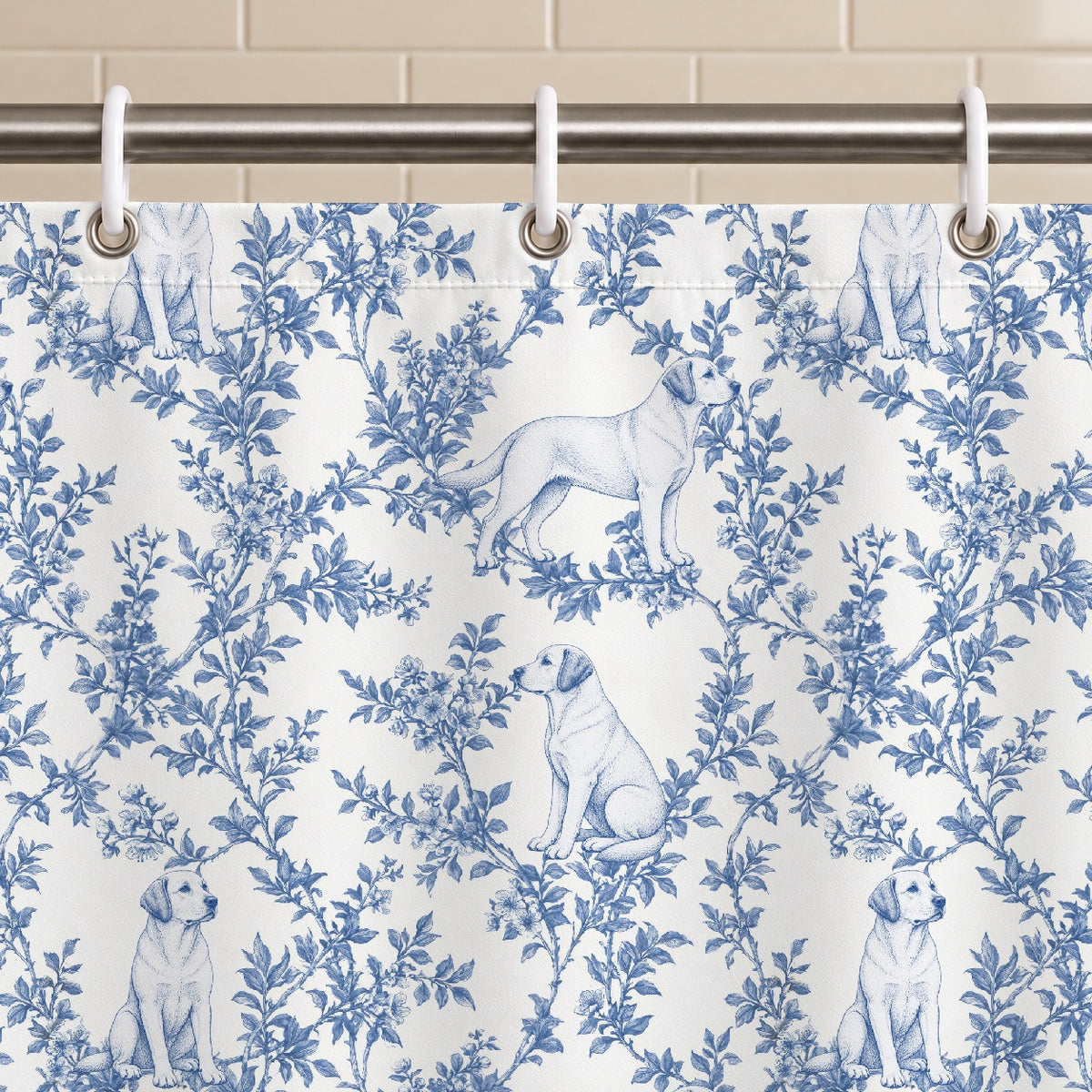 Labrador Retriever toile shower curtain — Blue Grommets and Hooks