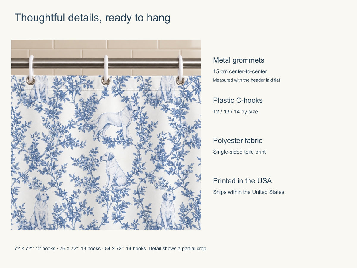 Labrador Retriever toile shower curtain — Blue Product Features