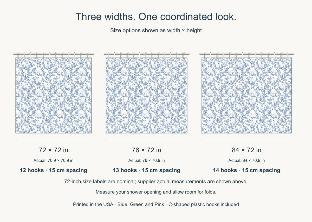 Labrador Retriever toile shower curtain — Blue US Size Comparison