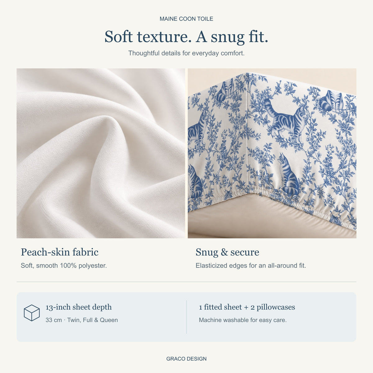 Maine Coon toile bedding — peach-skin fabric and gathered elastic hem detail