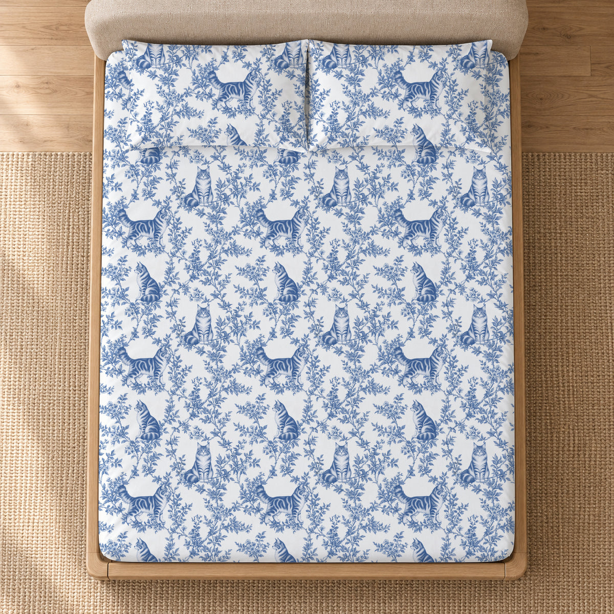 Maine Coon Blue toile bedding — full overhead view
