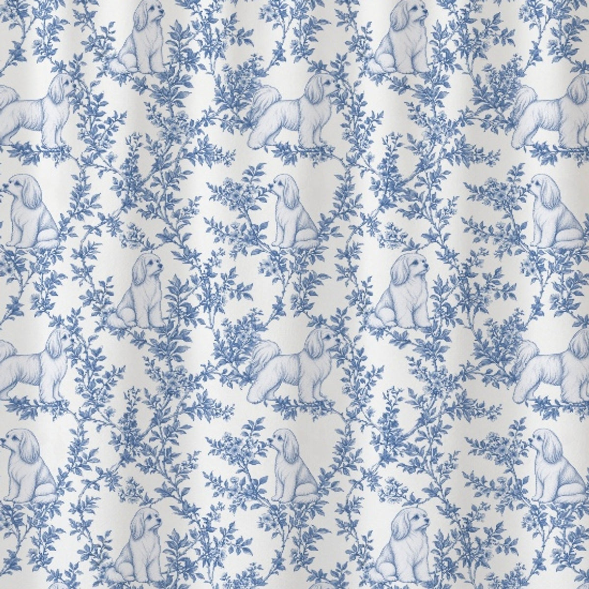 Maltese toile shower curtain — Blue Detail