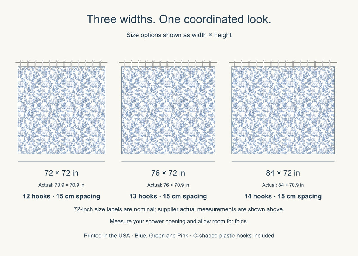 Maltese toile shower curtain — Blue US Size Comparison
