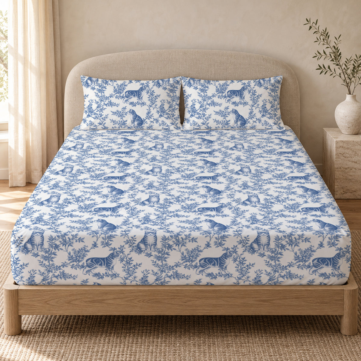 Manx toile bedding in Blue — Queen Bedroom