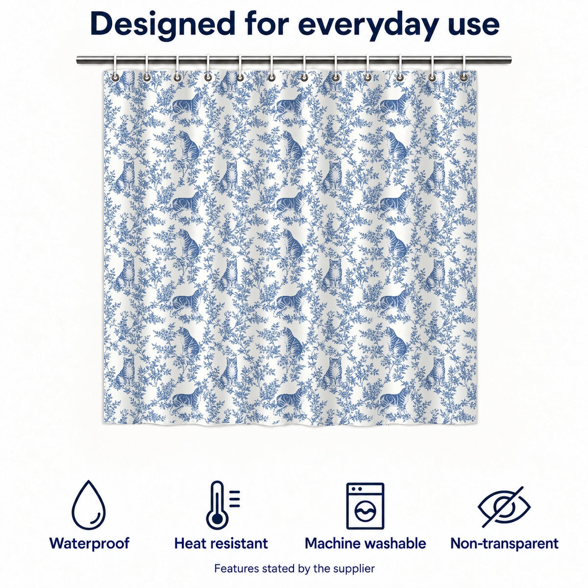 Manx toile shower curtain — Blue Functions and Size