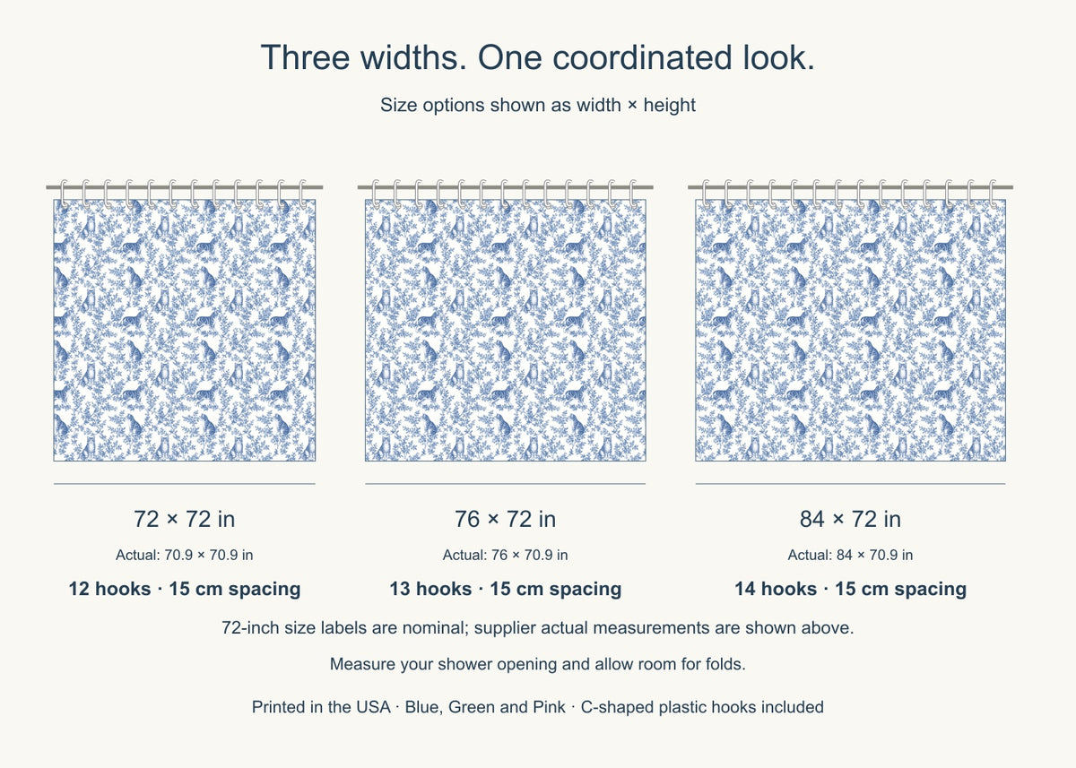 Manx toile shower curtain — Blue US Size Comparison