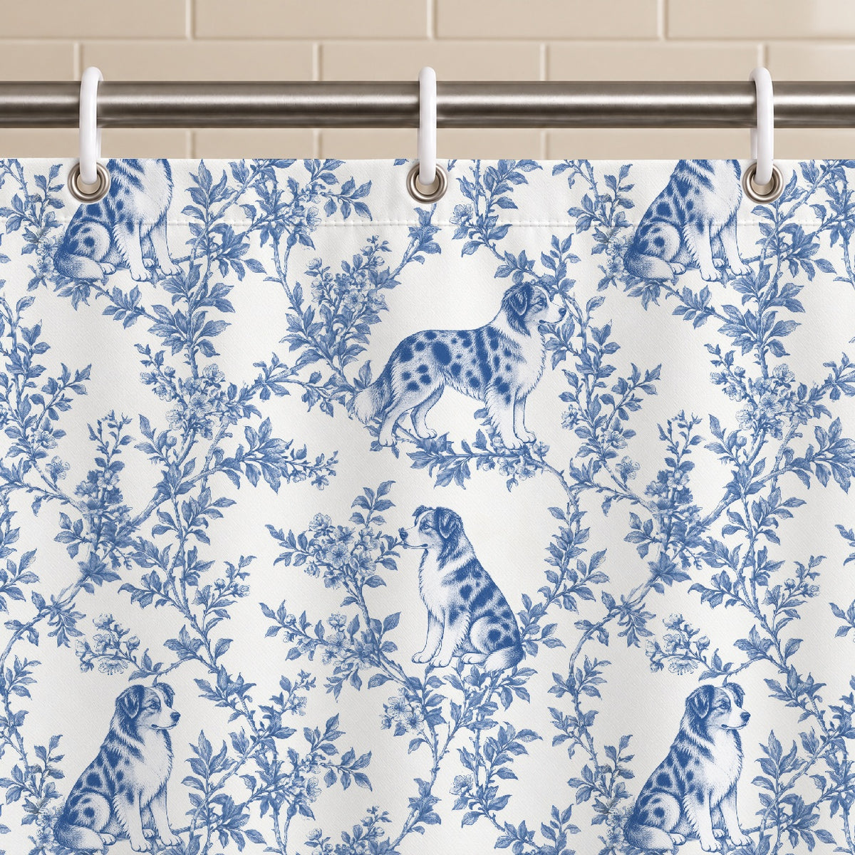 Miniature American Shepherd toile shower curtain — Blue Grommets and Hooks