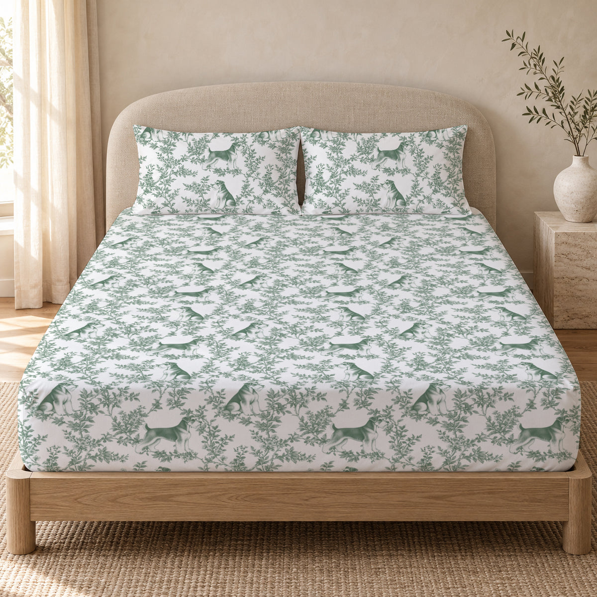 Miniature Schnauzer toile bedding in Green — Queen Bedroom