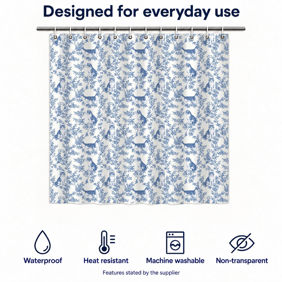 Munchkin toile shower curtain — Blue Functions and Size