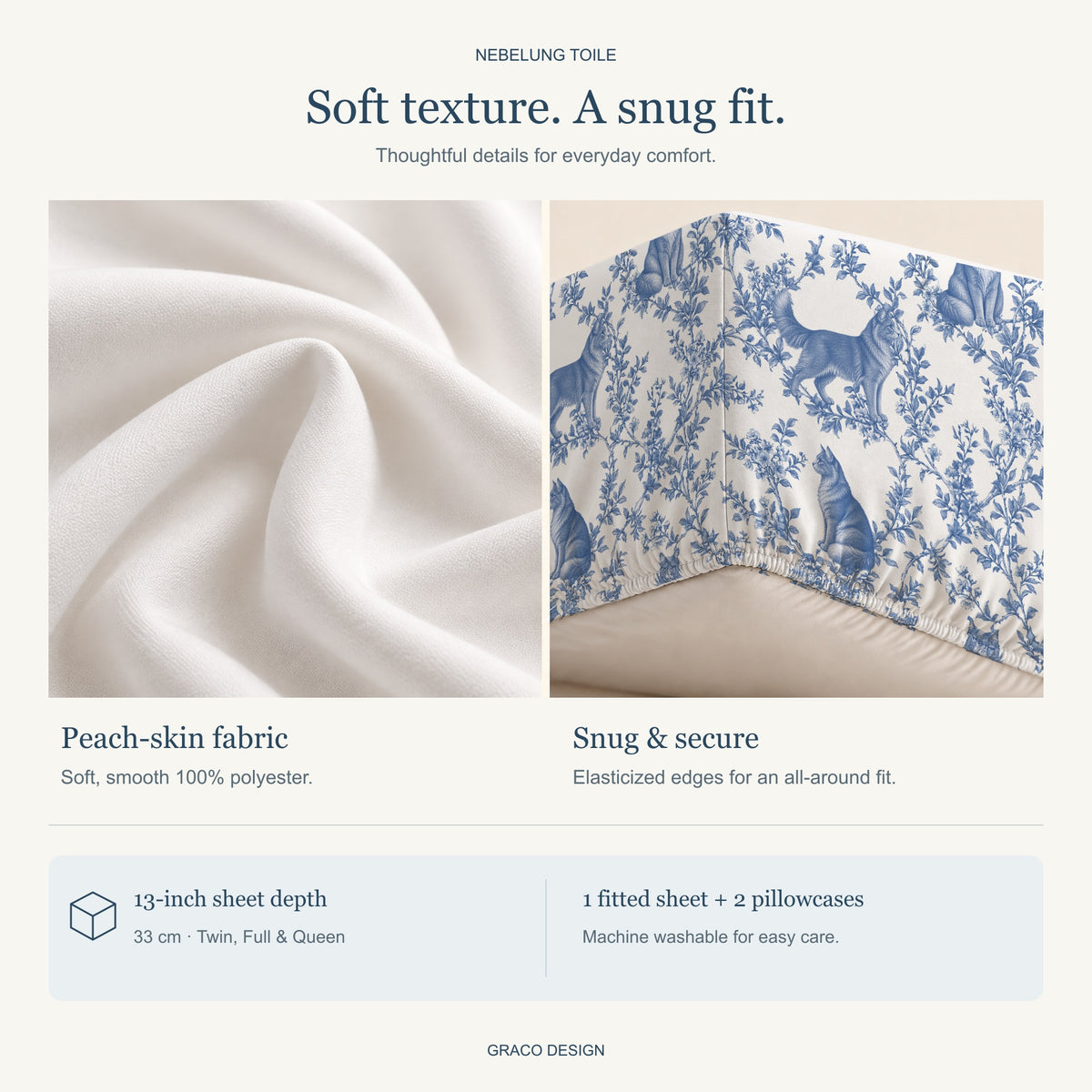 Nebelung toile bedding in Blue — Fabric and Fit