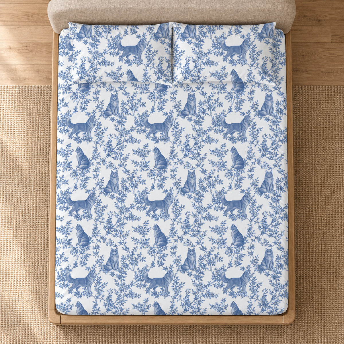 Nebelung toile bedding in Blue — Overhead
